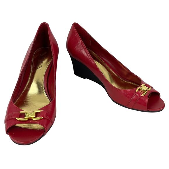Ralph Lauren Wedges Paula Cherry Red 7.5B Leather Open Toe - Picture 11 of 11